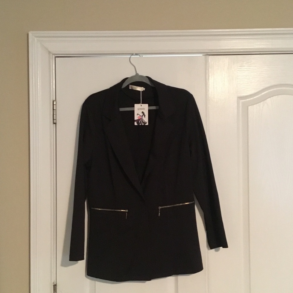 Tailored Black Women's Blazer with Gold Zip Details